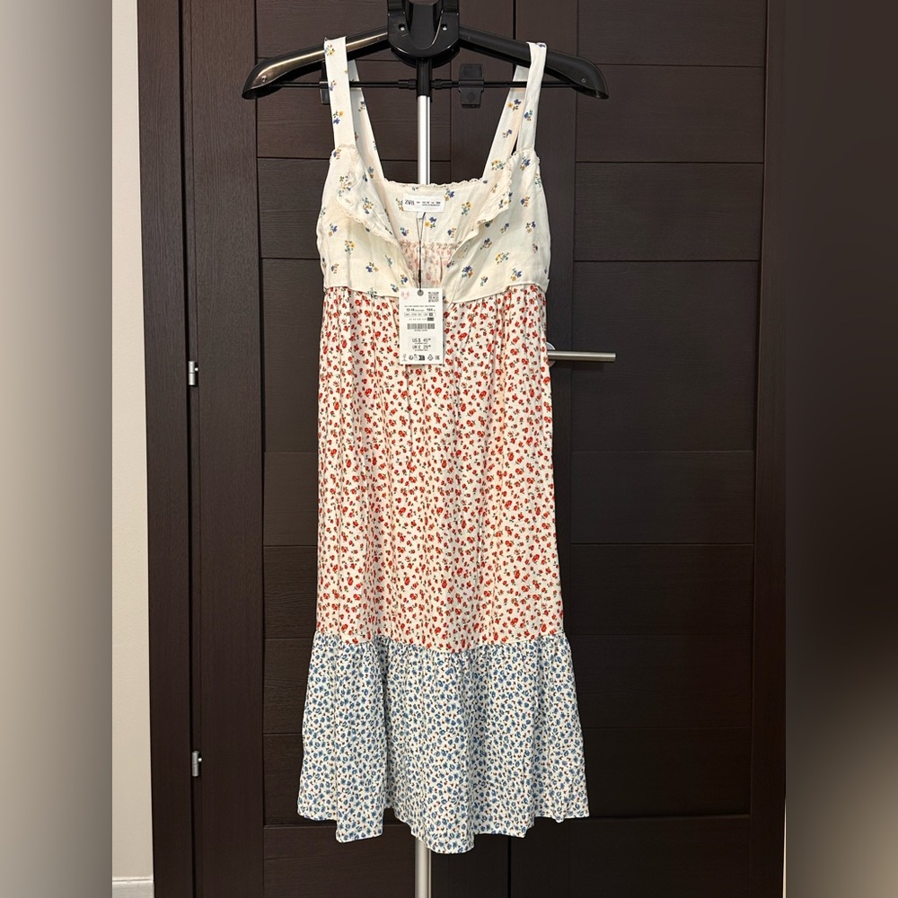 Zara Cream Floral Dress with Blue Accents